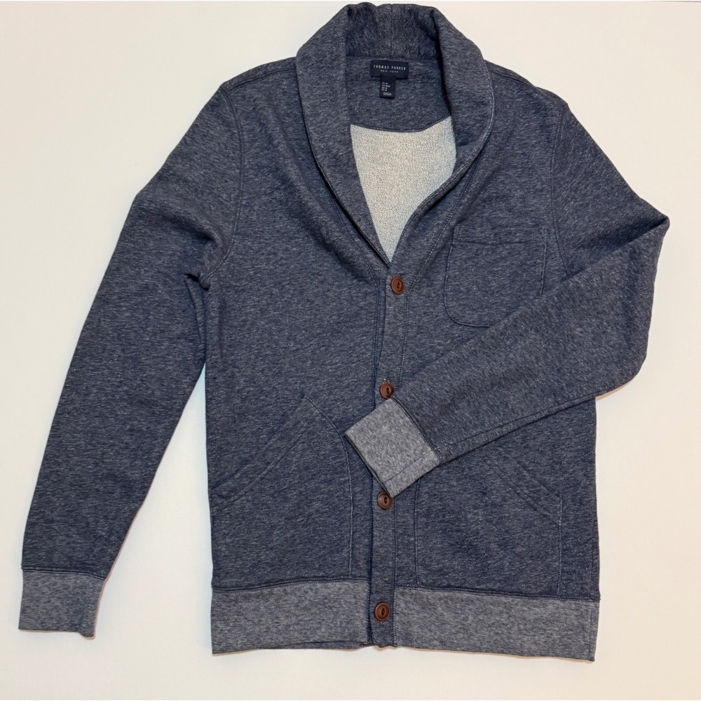 Thomas Parker New York Mens Shawl Collar Cardigan Blue Cotton French Terry Med
